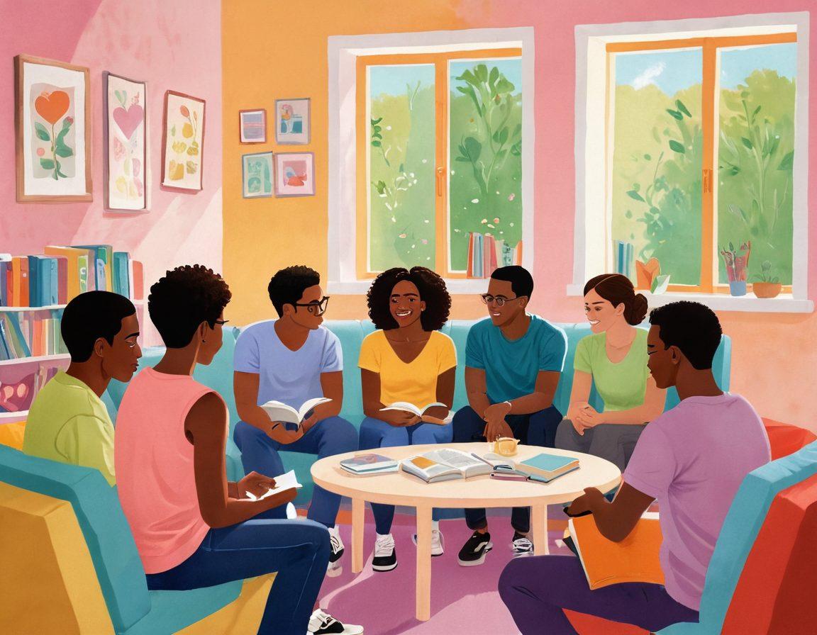 An inviting scene depicting a diverse group of people engaged in an open dialogue about healthy relationships, with a warm, cozy atmosphere. Include visual elements representing sexual knowledge, like books and symbols of consent, along with vibrant illustrations of happy interactions. The background should have soft pastel tones to evoke comfort and understanding. super-realistic. vibrant colors. soft background.