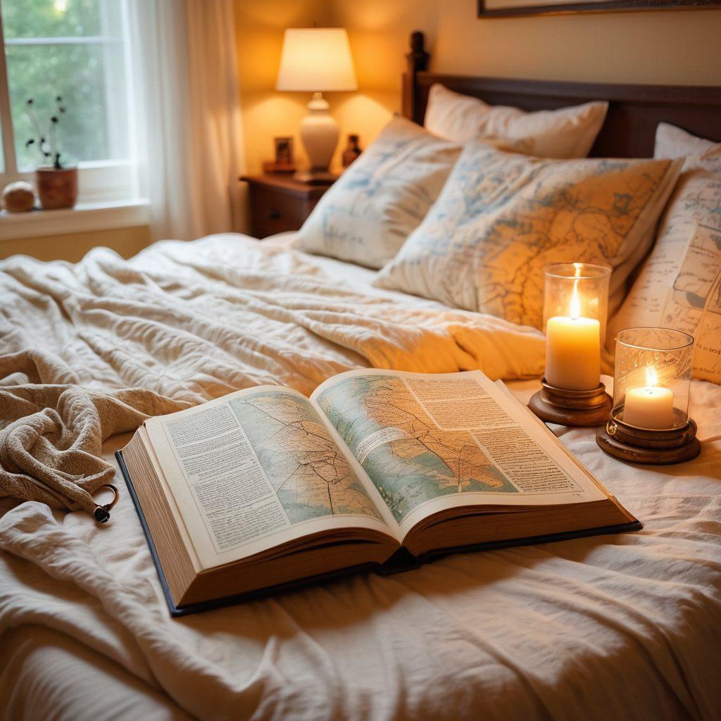 A serene, inviting bedroom setting with soft lighting, featuring open books on the themes of love and intimacy, intertwined hands symbolizing connection, and subtle decorations representing exploration like maps and compasses. The atmosphere should evoke warmth and safety, with a hint of playful curiosity. super-realistic. vibrant colors. calming tones.