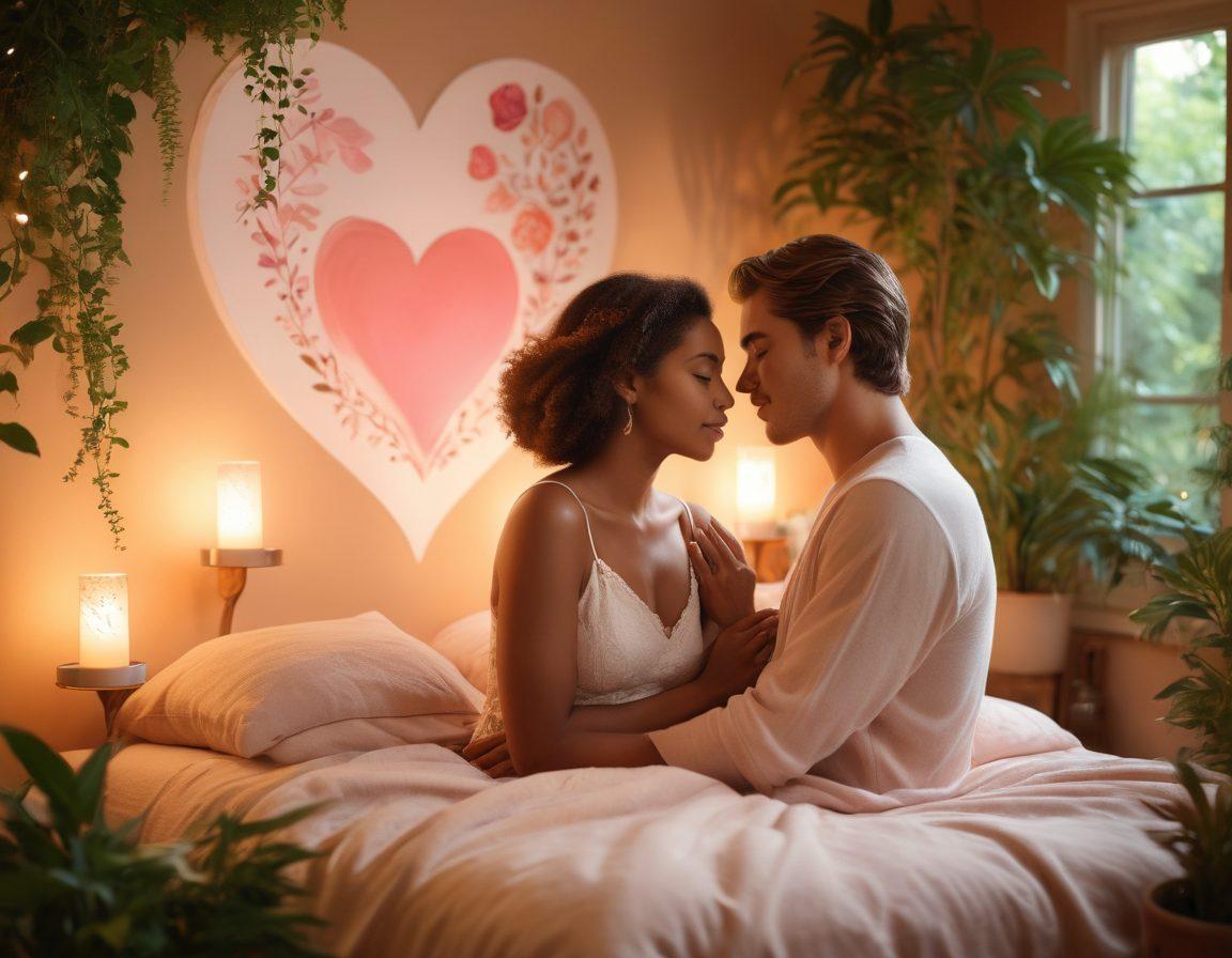 A warm and inviting scene featuring two diverse individuals engaging in open dialogue, surrounded by symbols of intimacy and connection such as heart motifs and gentle embraces. Soft, ambient lighting creates a cozy atmosphere, while a subtle hint of erotic wellness is illustrated through tasteful decor. The background includes a lush garden, symbolizing growth and nurturing, enhancing the theme of relationship enhancement. super-realistic. soft pastels. warm tones.